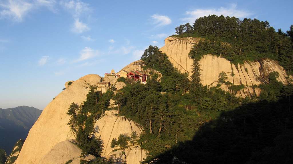 Morning sun greets a temple on Hua Shan's South Peak