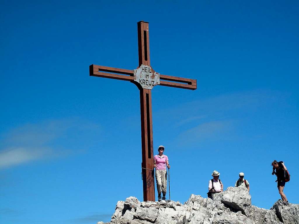 My sister beside the summit cross on Mohnenfluh (2544m)