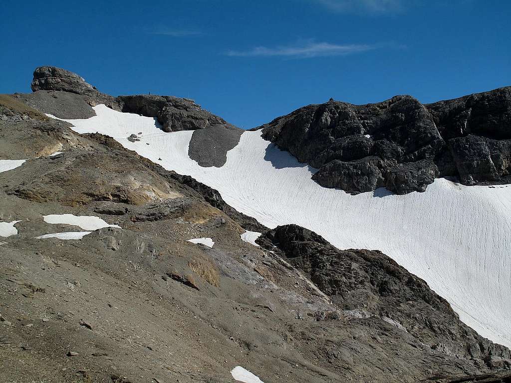 Looking back to the Weisshornlücke col (2852m) from the Wildstrubel hut