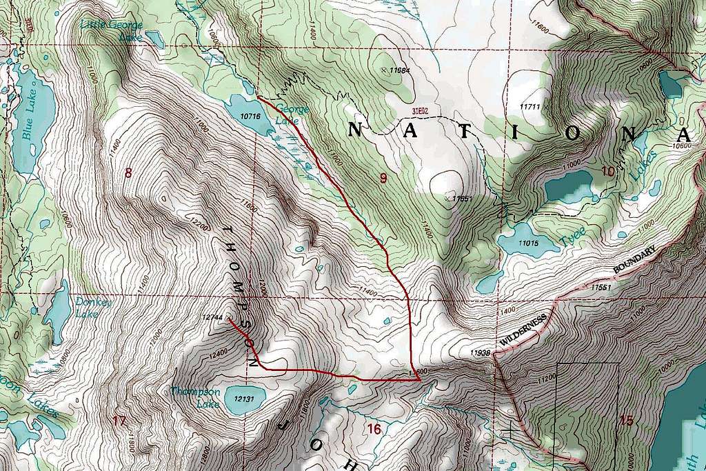 Topographic map of the route from George Lake to the summit