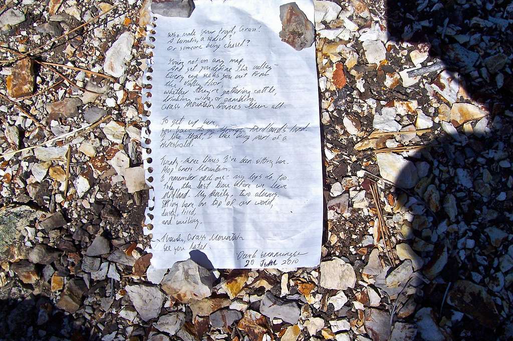 Note left on the summit of Grass Mountain