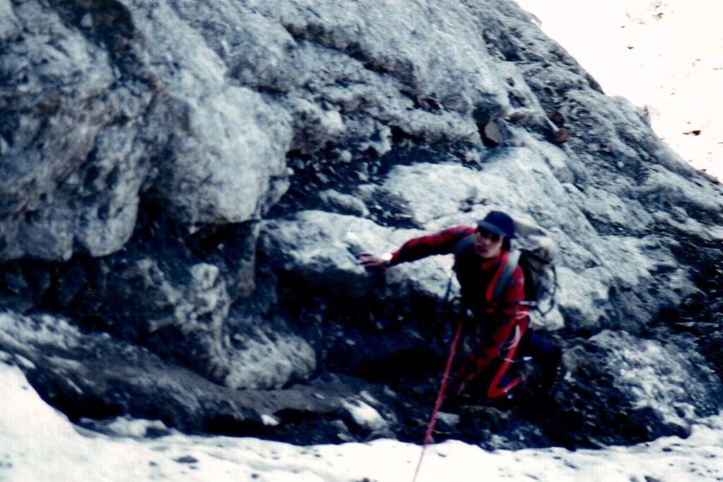 <b><font color=green>GARIN PEAK 1978</font> New and Direct Route <font color=red>SOUTH WALL Roby in rocky narrow gully</font> before terminal part</b>