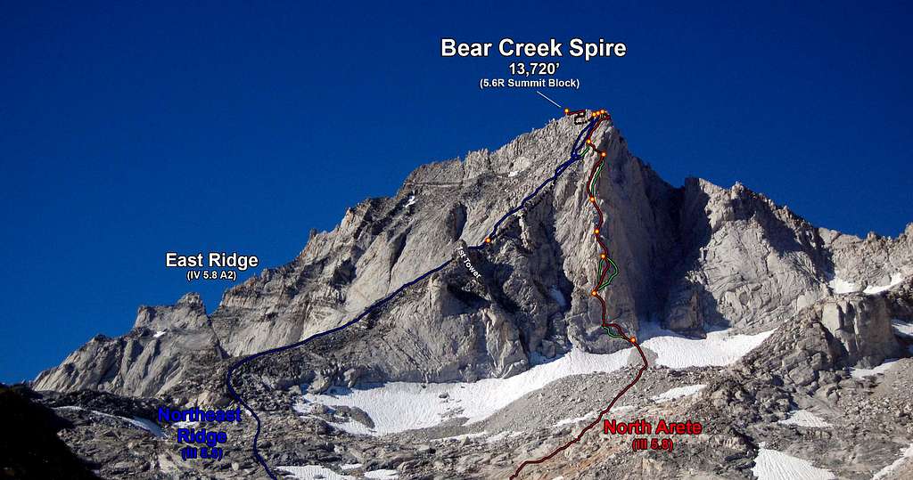 Bear Creek Spire N & NE Ridge North Arete head on, and far below the route (Photo Topo)