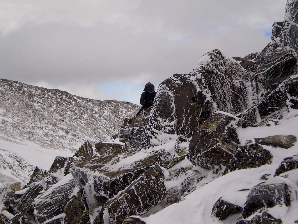 Climbing rime covered talus