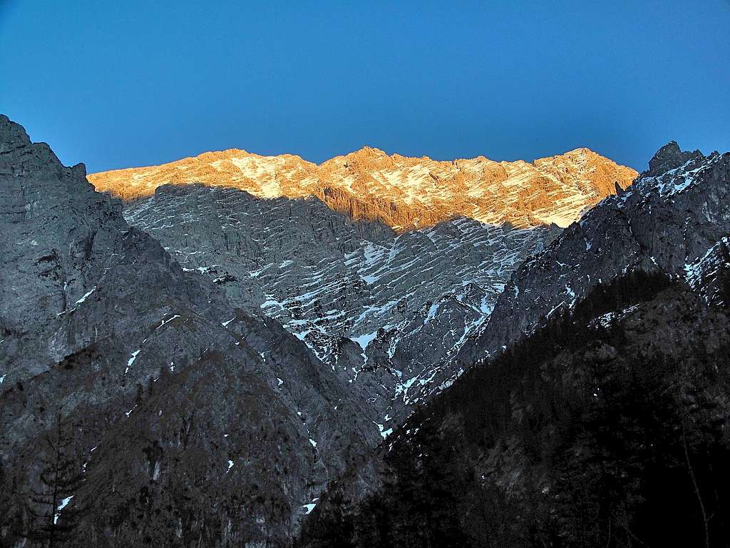 Watzmann west wall seen from the Wimbach valley in the evening