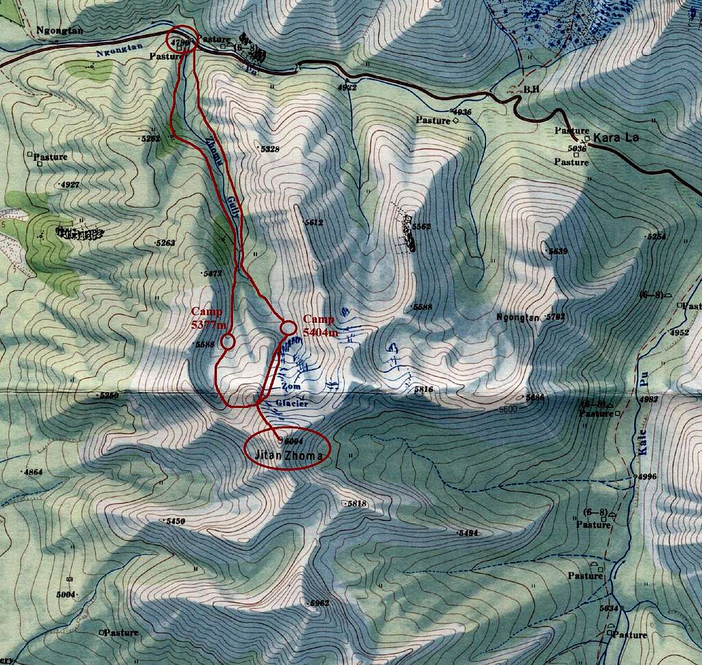Map of Jitan Zhoma NW face route 