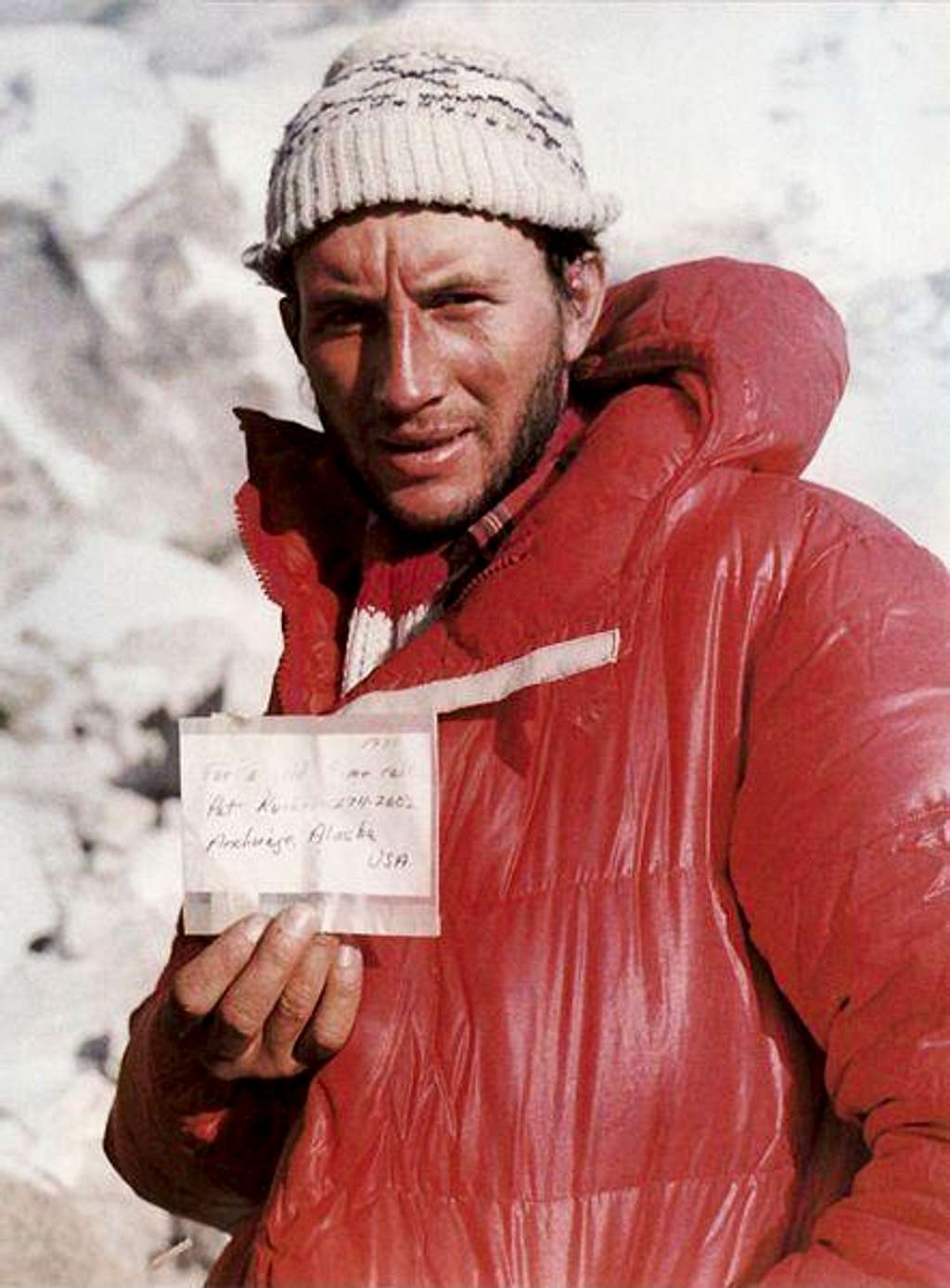 Leszek Cichy presents the note which Ray Genet left on top of Mount Everest in 1979