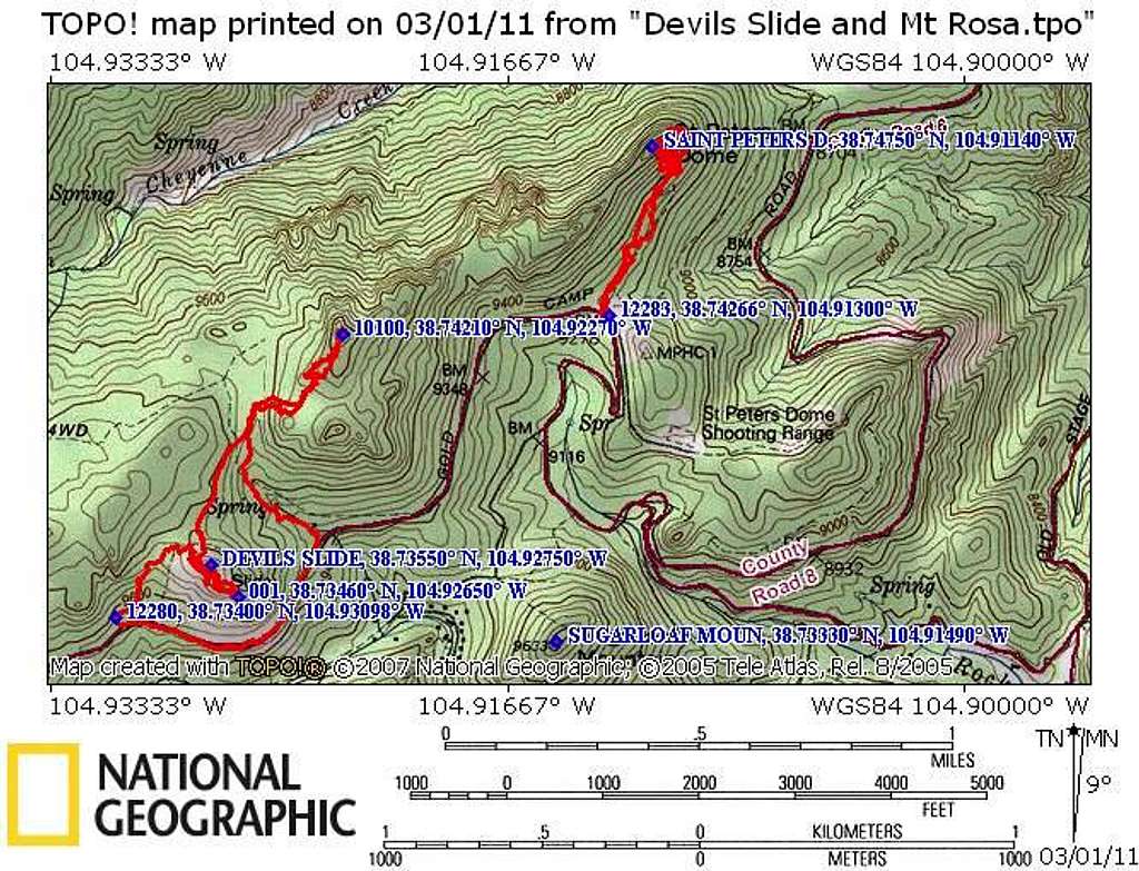 Routes for Devils Slide 10100, and St. Peters Dome