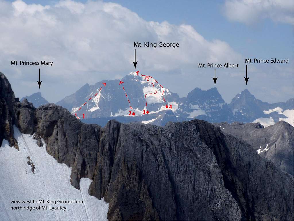 East Face of Mt. King George (routes marked)