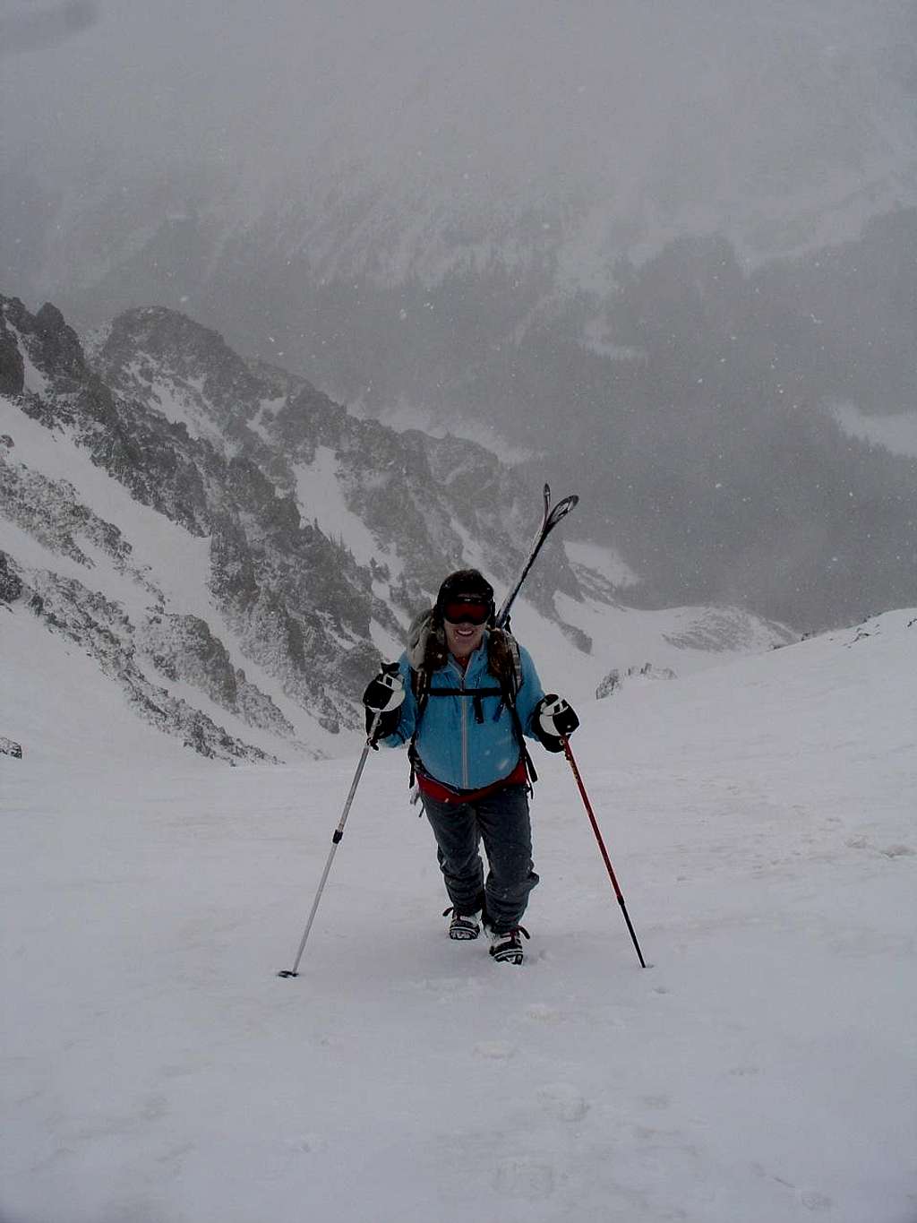 Amy snowclimbing Lake Fork Pk's east chute