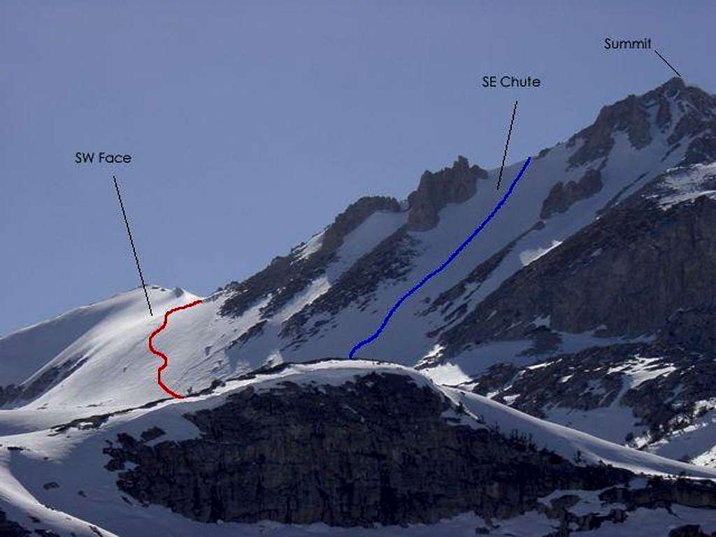 SW Face Route (Red) and SE...