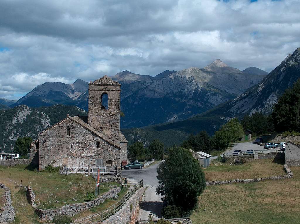 San Martin Church in Tella, Cotiella behind