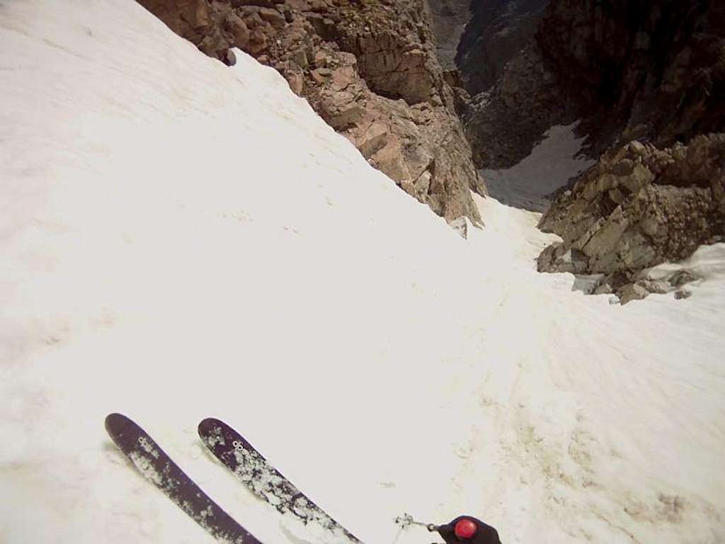 Bighorn Couloir, skiing the top pitch, 8/18/11