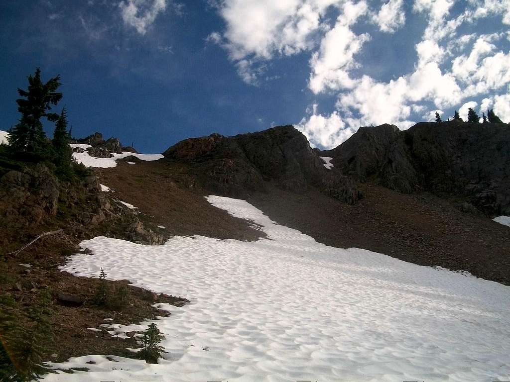 Looking up to the route to the summit