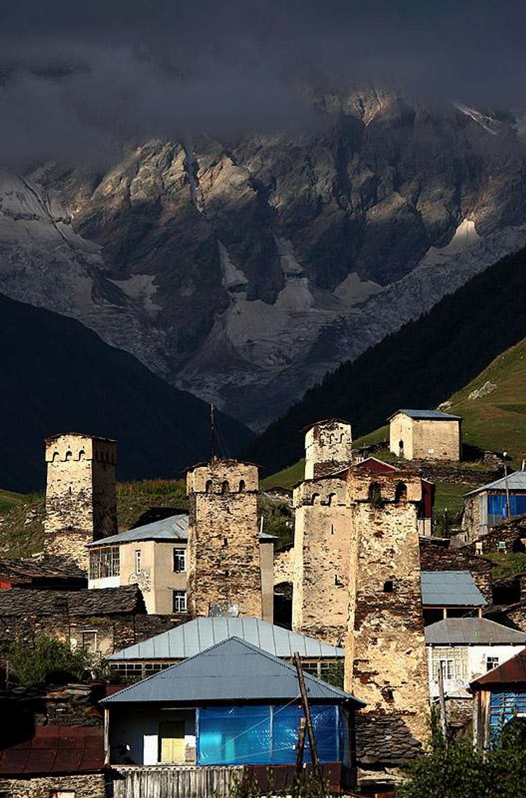 Svanetia. Ushguli village and Shkhara behind 