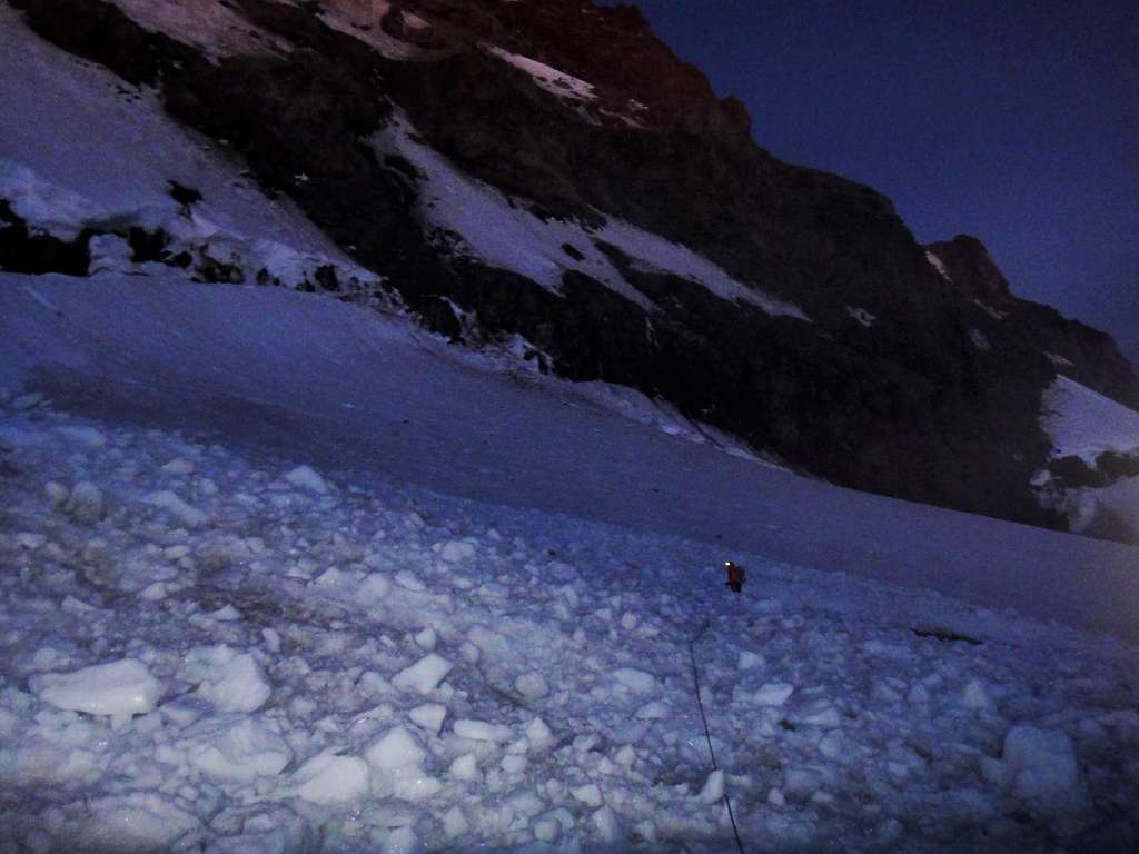 Alpine start over fresh avalanche debris