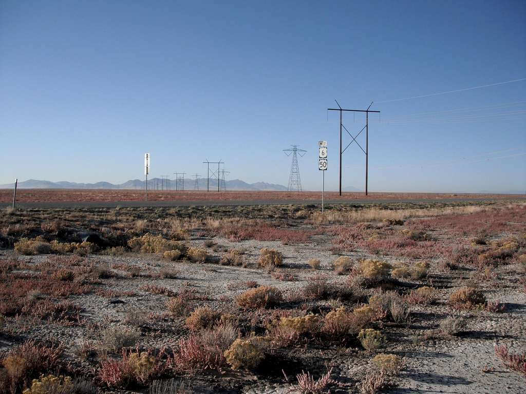 Power Lines to California on right, originating from Windmills on Left, Cricket Mountains in Distance.