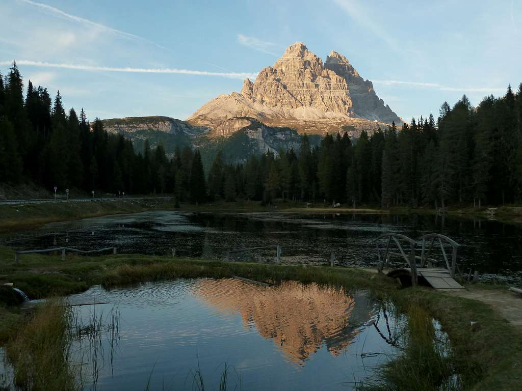 Sunset on Tre Cime di Lavaredo South faces from Antorno Lake