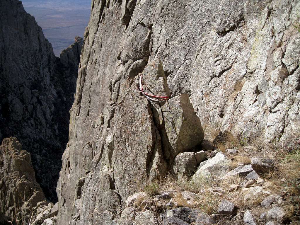 Rappel station above the first chock stone