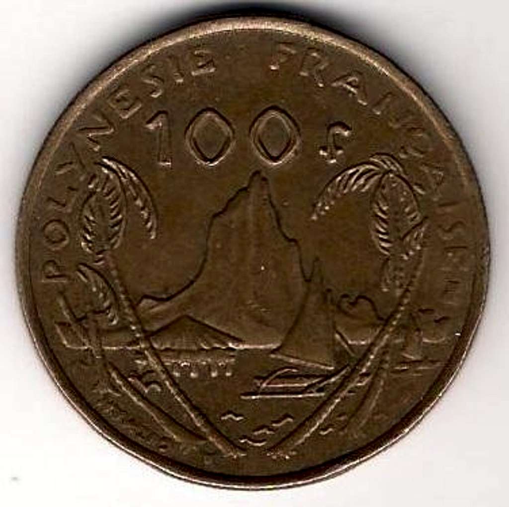 Mount Tohivea on 100 Franc coin (French Polynesia)