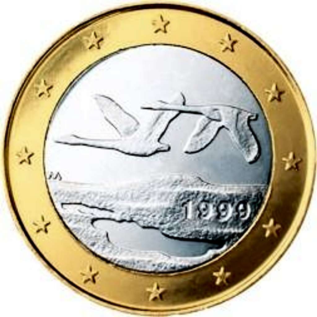 Finnish mountains & bird on 1 Euro coins of Finland