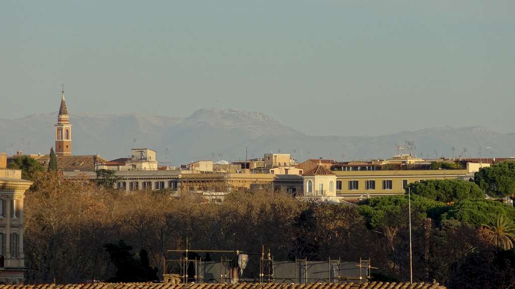 Monte Guadagnolo of Monti Prenestini range, Sub-appennino Laziale, seen from the Roman Forum's hill in the centre of Roma.