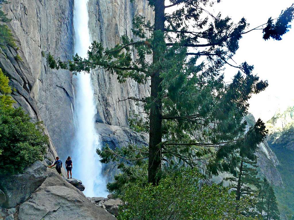 Hikers next to the falls