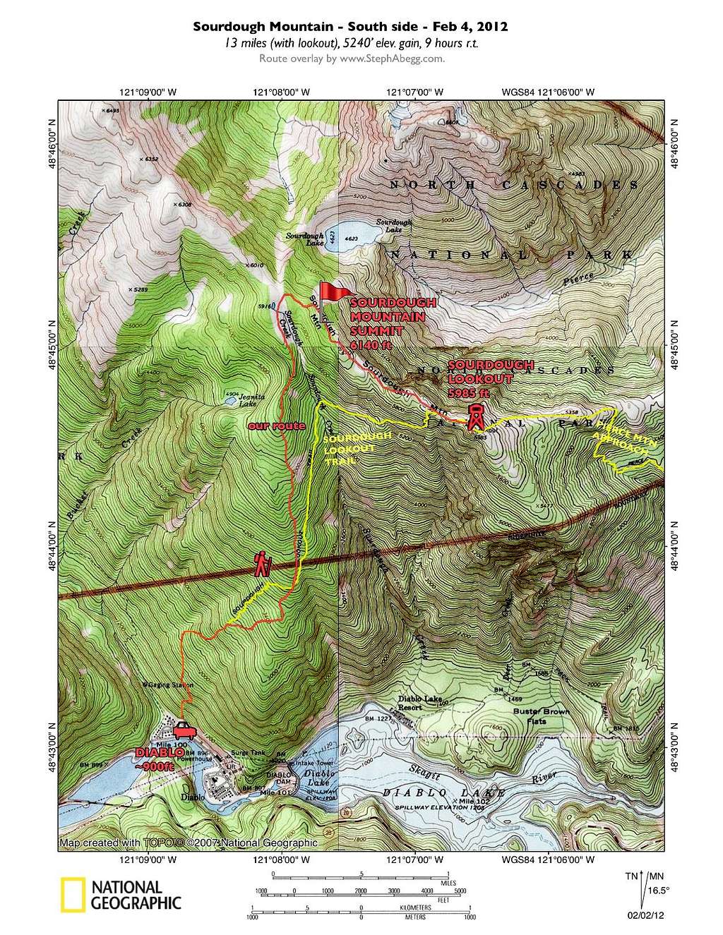 Route overlay of Sourdough Mountain snowshoe