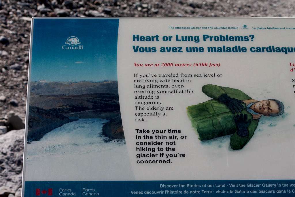Warning before hiking to Toe of Athabasca Glacier