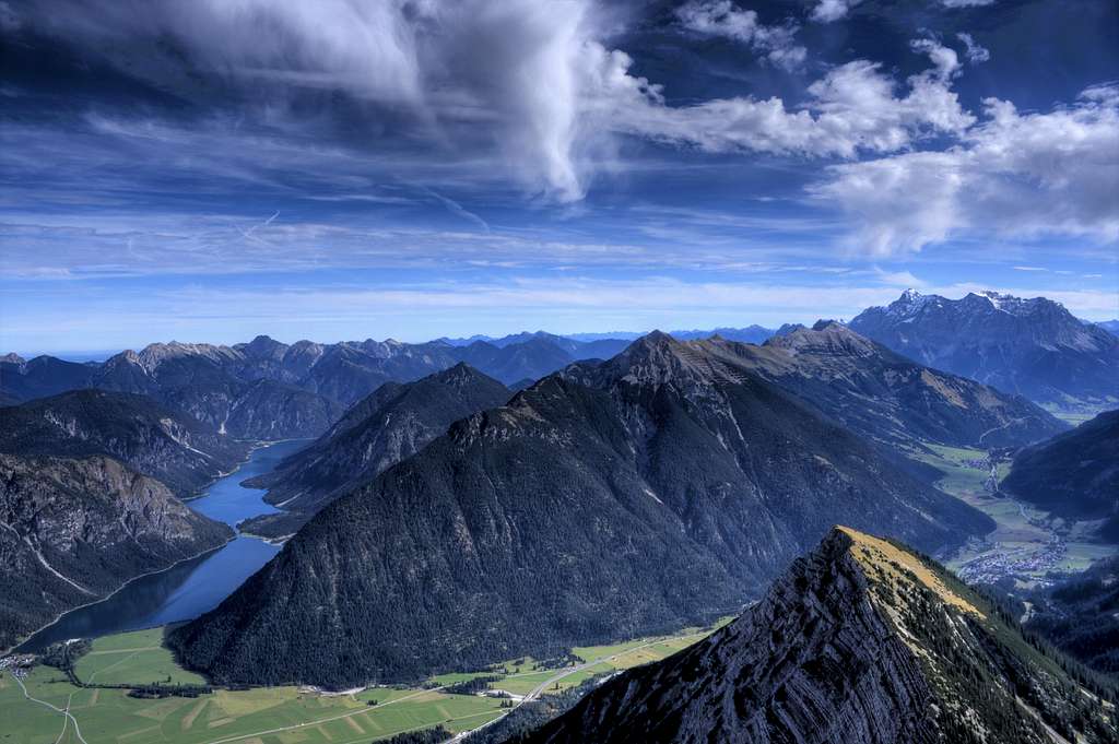 view from Thaneller summit to Ammergauer Alps, Plansee and Zugspitze