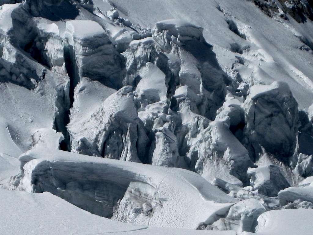 Wild ice on the glacier east and below Tocllaraju high camp