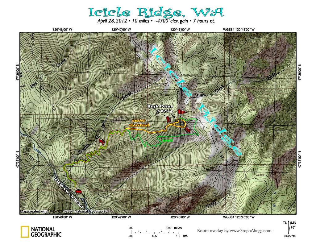 Map of route up Icicle Ridge, near Leavenworth, WA