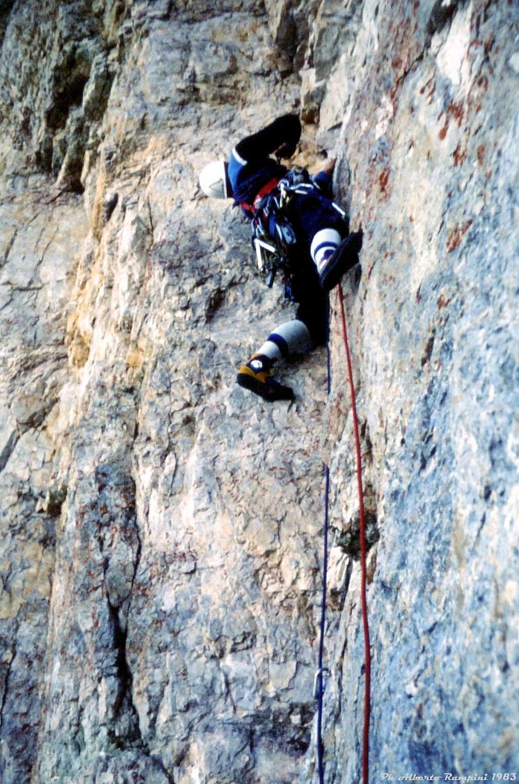 Climbing Carlesso-Menti route on Torre di Valgrande NW face, 1983