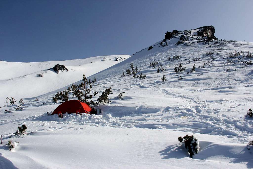 A camp on the lower part of Casaval Ridge (9,000+), Mt Shasta.