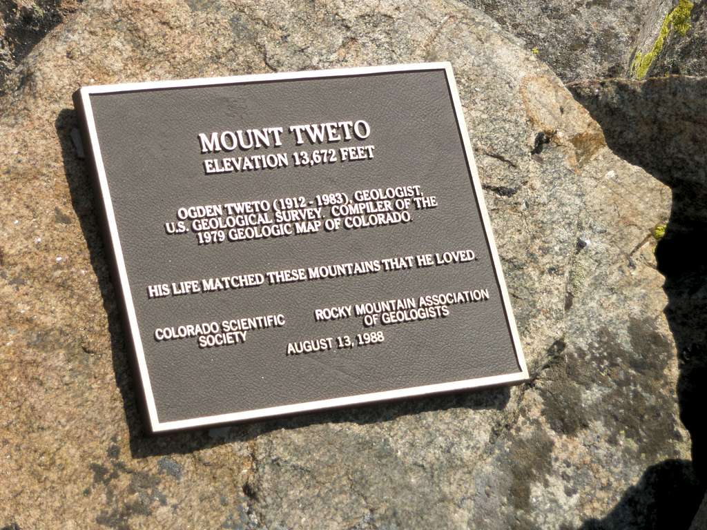 Mount Tweto Summit Plaque