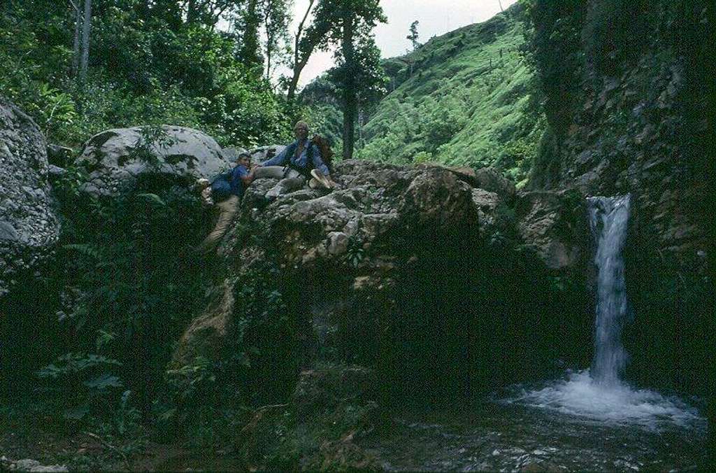 Surmounting one of many small waterfalls
