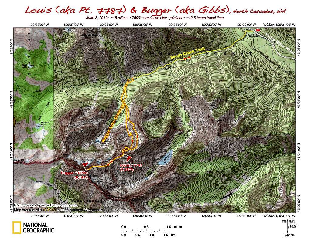 Map of route up Louis and Bugger, North Cascades, WA