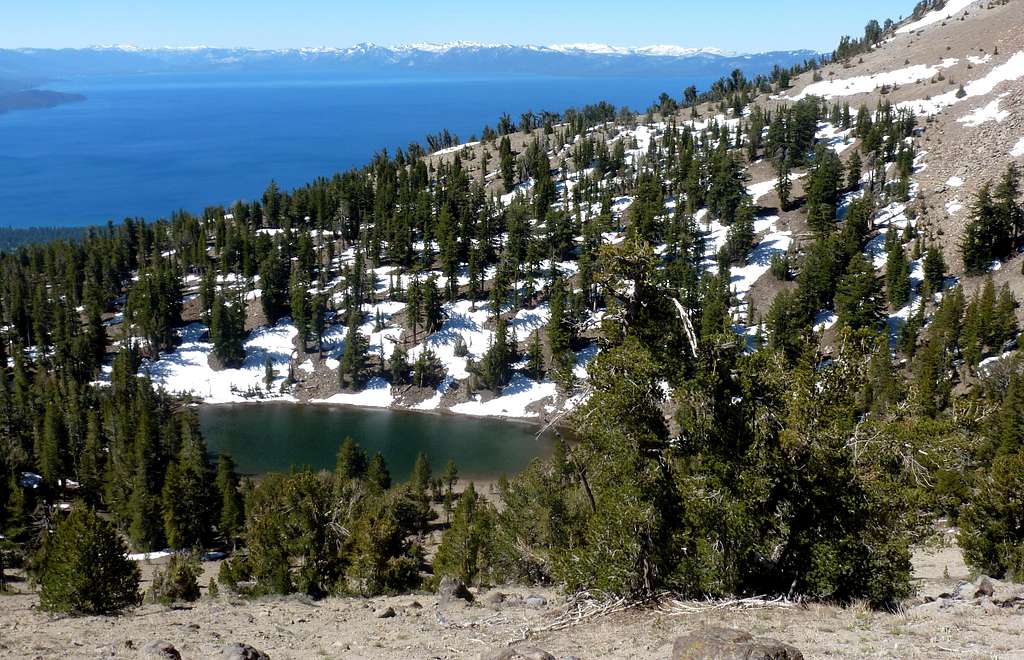 View down to Mud Lake and Lake Tahoe en route to Rose Knob Peak