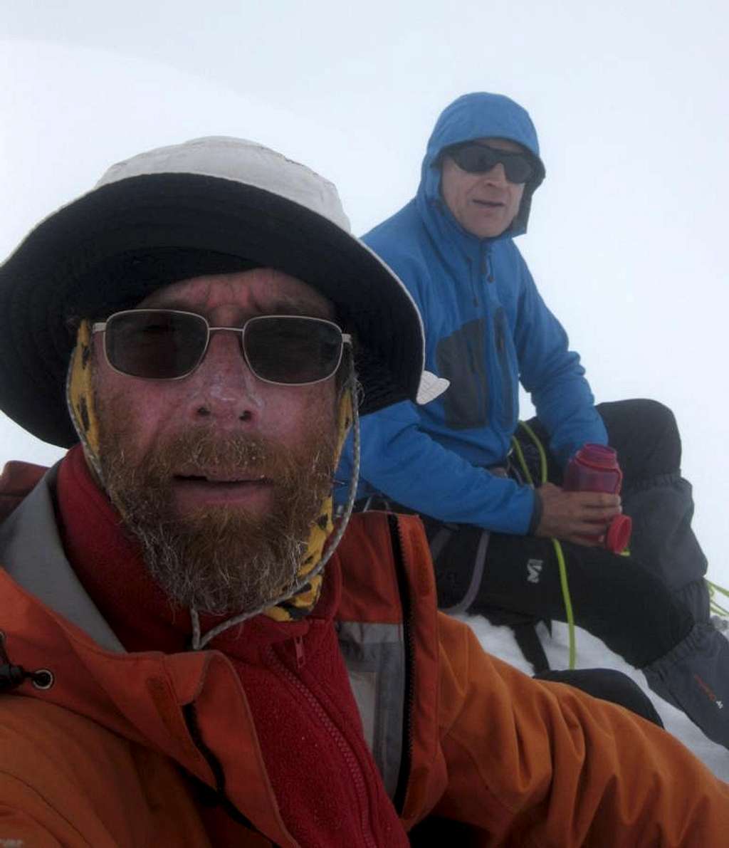 Pierre and me (with a three month beard) in a whiteout on top of Uruashraju (5722m)
