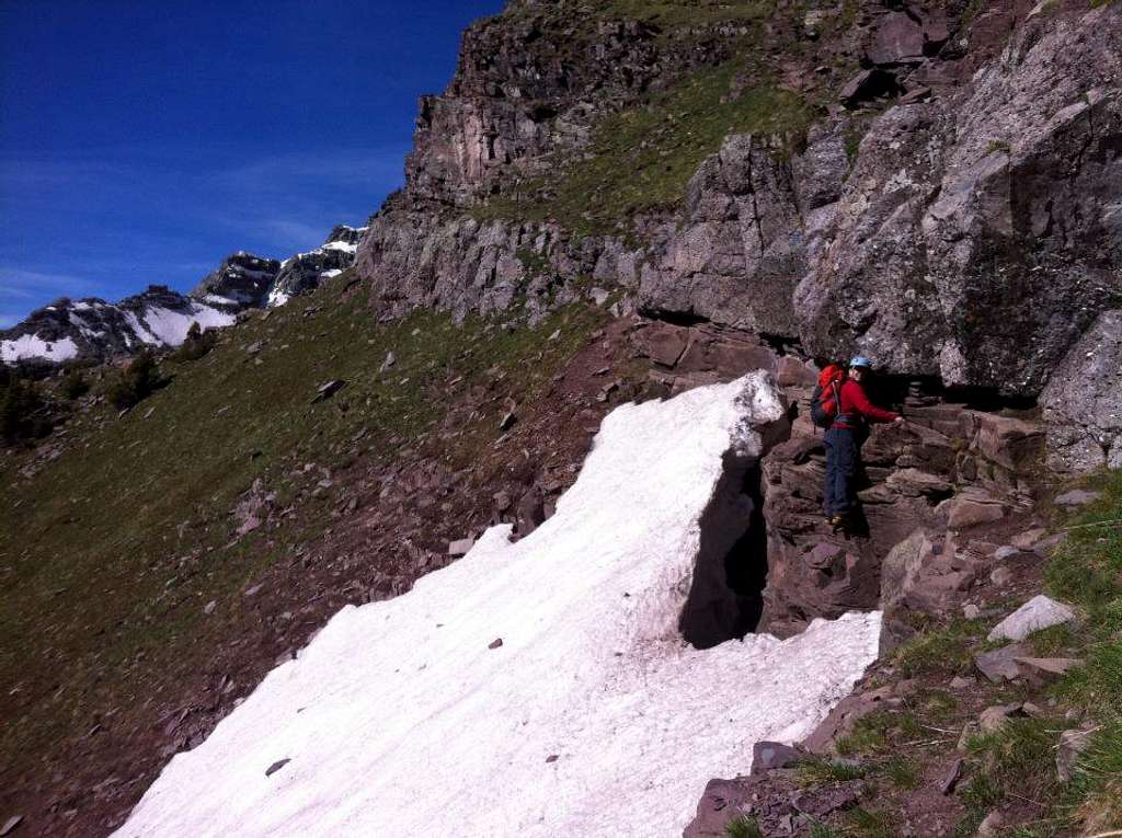 Brian starting a down-climb on North Maroon