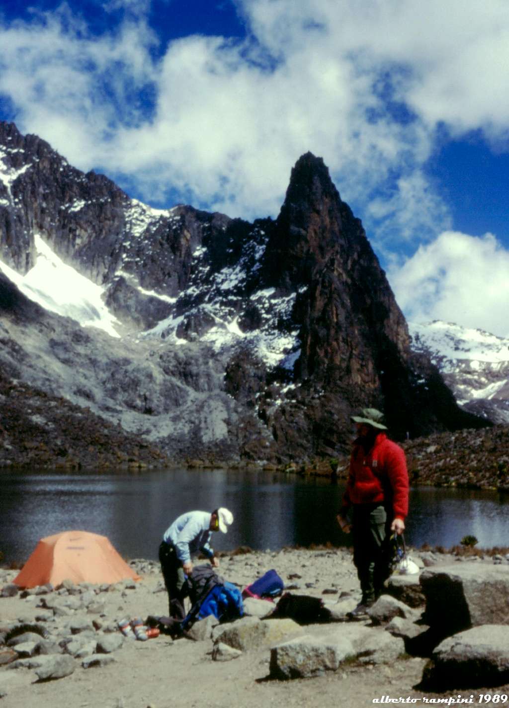 Mount Kenya: the camp on the shore of  the Two Tarn Lake