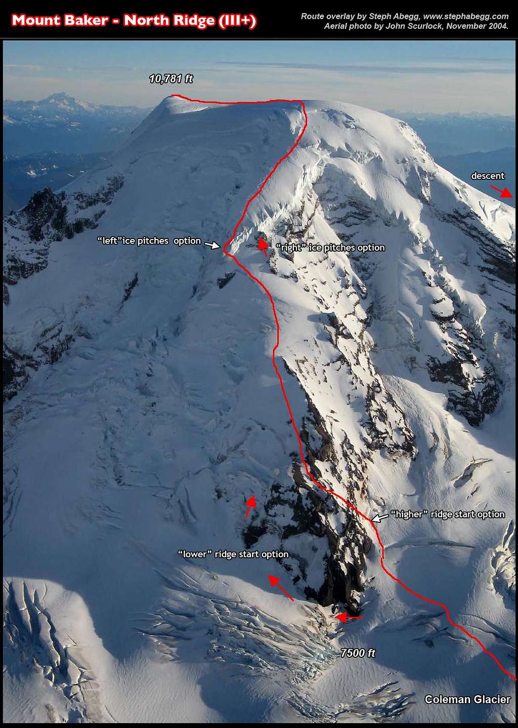 North RIdge of Mount Baker, route overlay