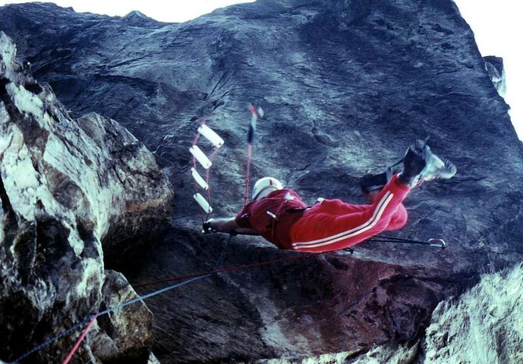 The flight under the Chenaux's great cliff/roof of 40 metres 1978
