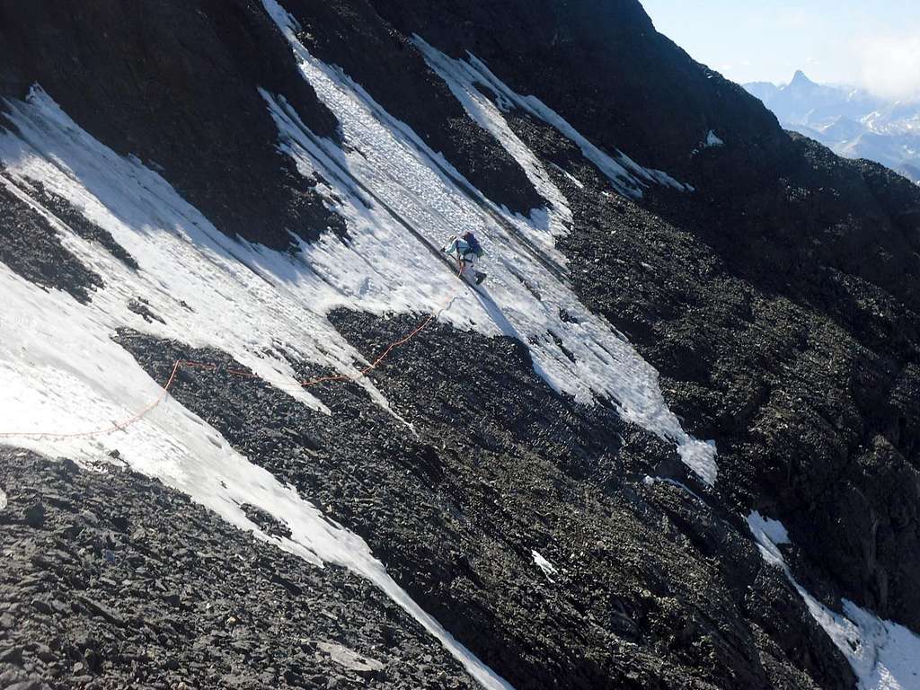 Traversing alpine ice on Hungabee Mountain