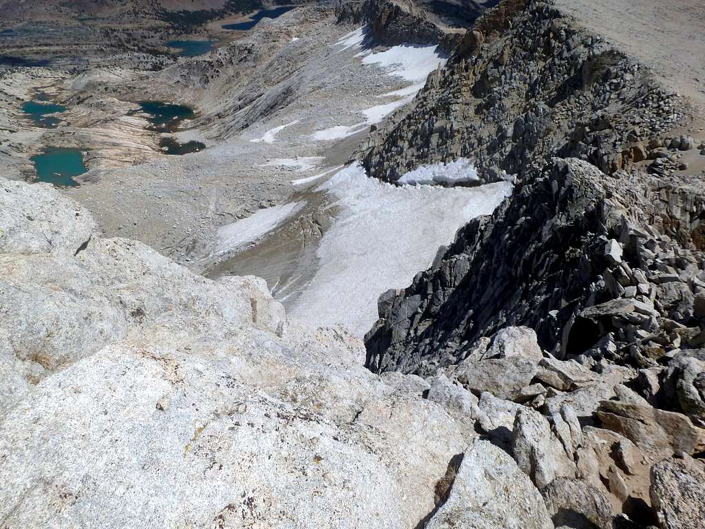 View down the cliff from the Conness Summit - Conness Lakes on the left