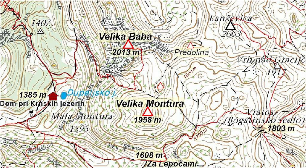 Velika Baba and Velika Montura map