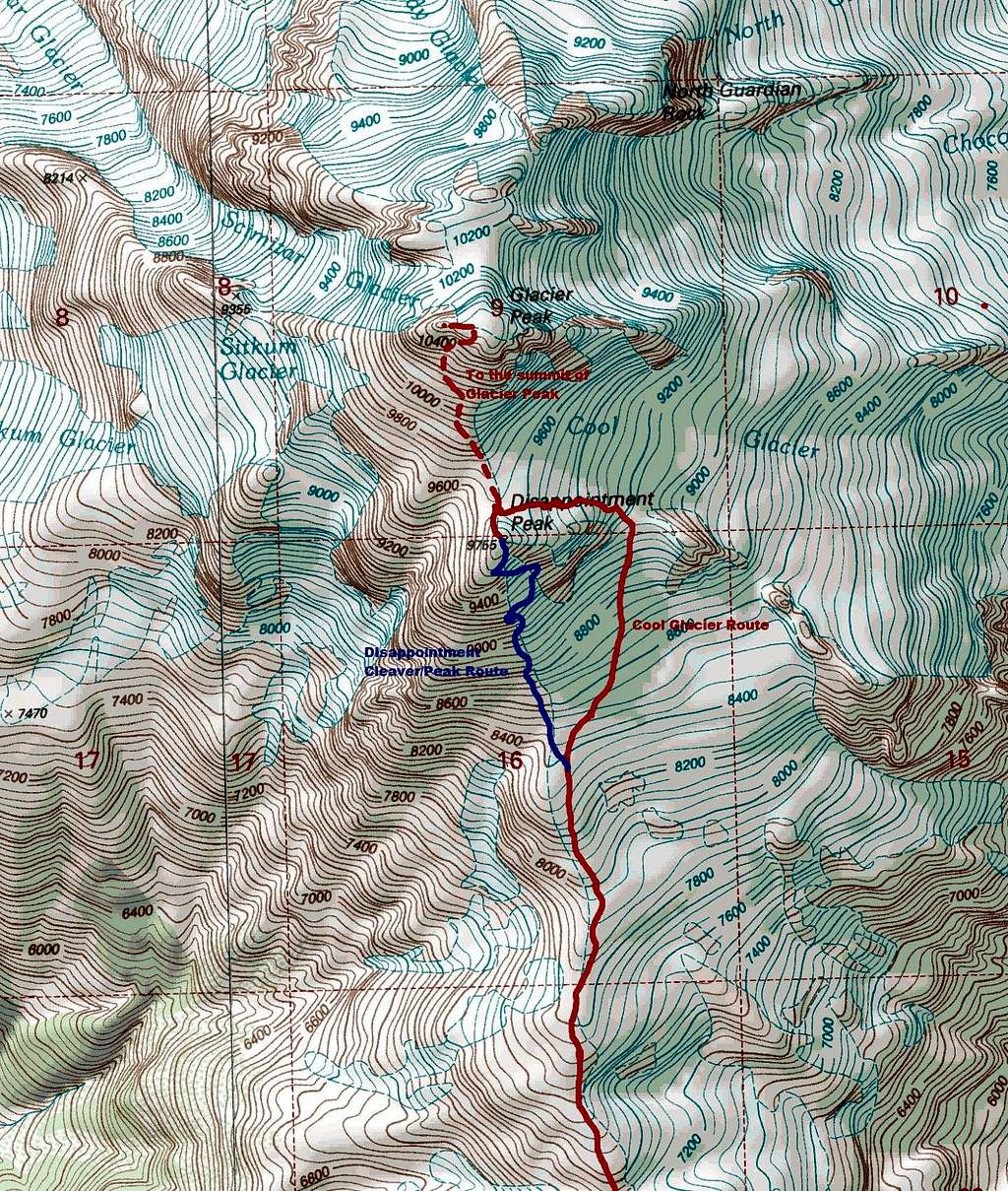 Map of the two prominent routes up Disappointment Peak