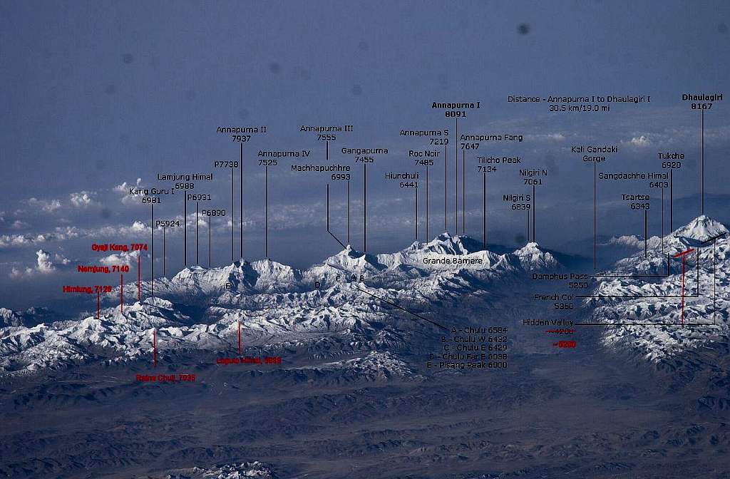 Annapurna and Dhaulagiri from the International Space Station - annotated and corrected