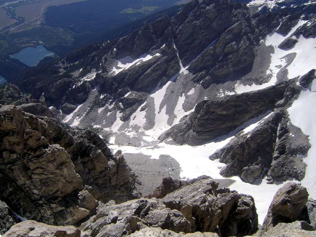 Looking down at the Petzoldt Ridge from the Upper Exum