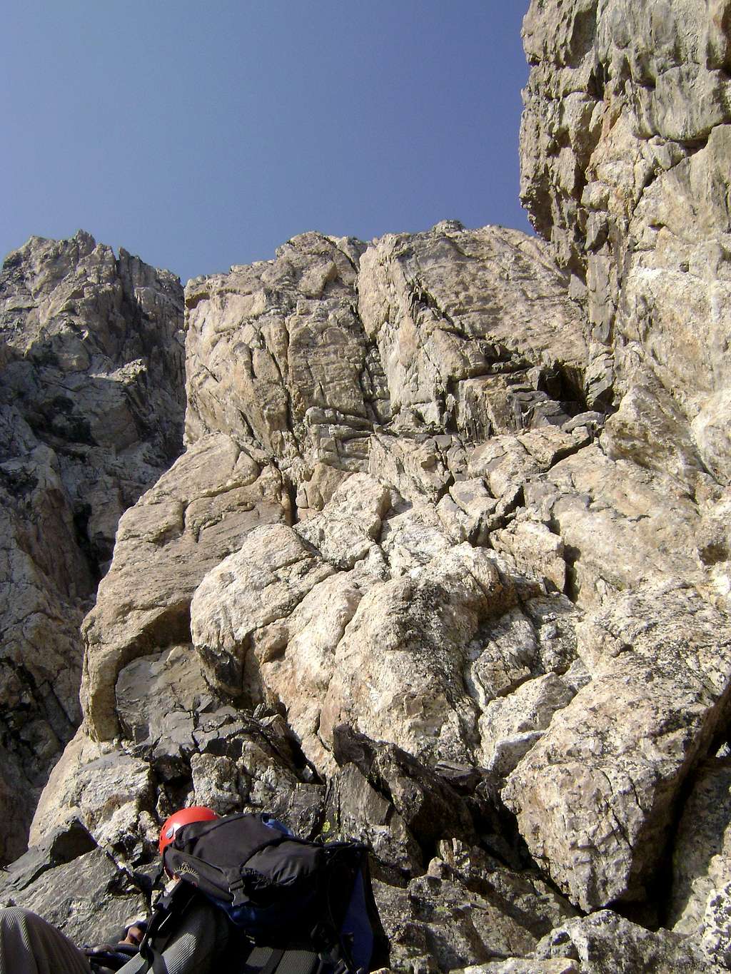 Looking up towards the Upper Exum from high on the Petzoldt Ridge